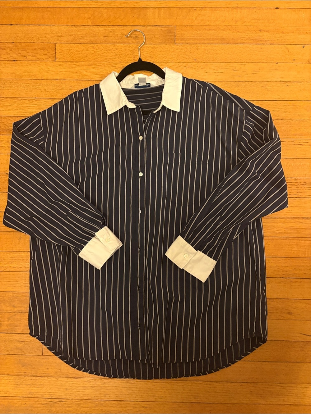 Old Navy Navy Pinstripe Button-Down Shirt with White Collar & Cuffs